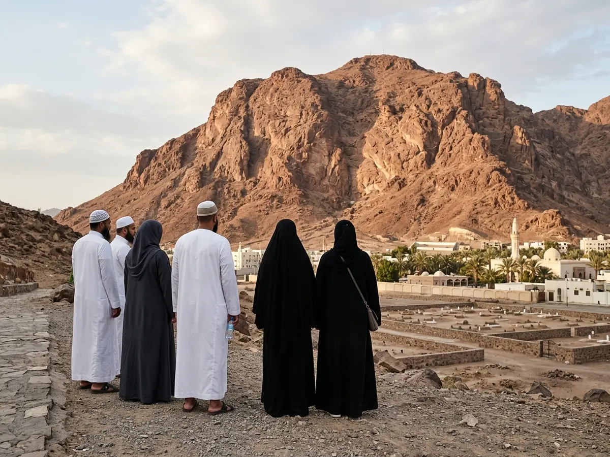 Illustration of a family looking towards Jabal Uhud from beside the martyrs' cemetery in Madinah