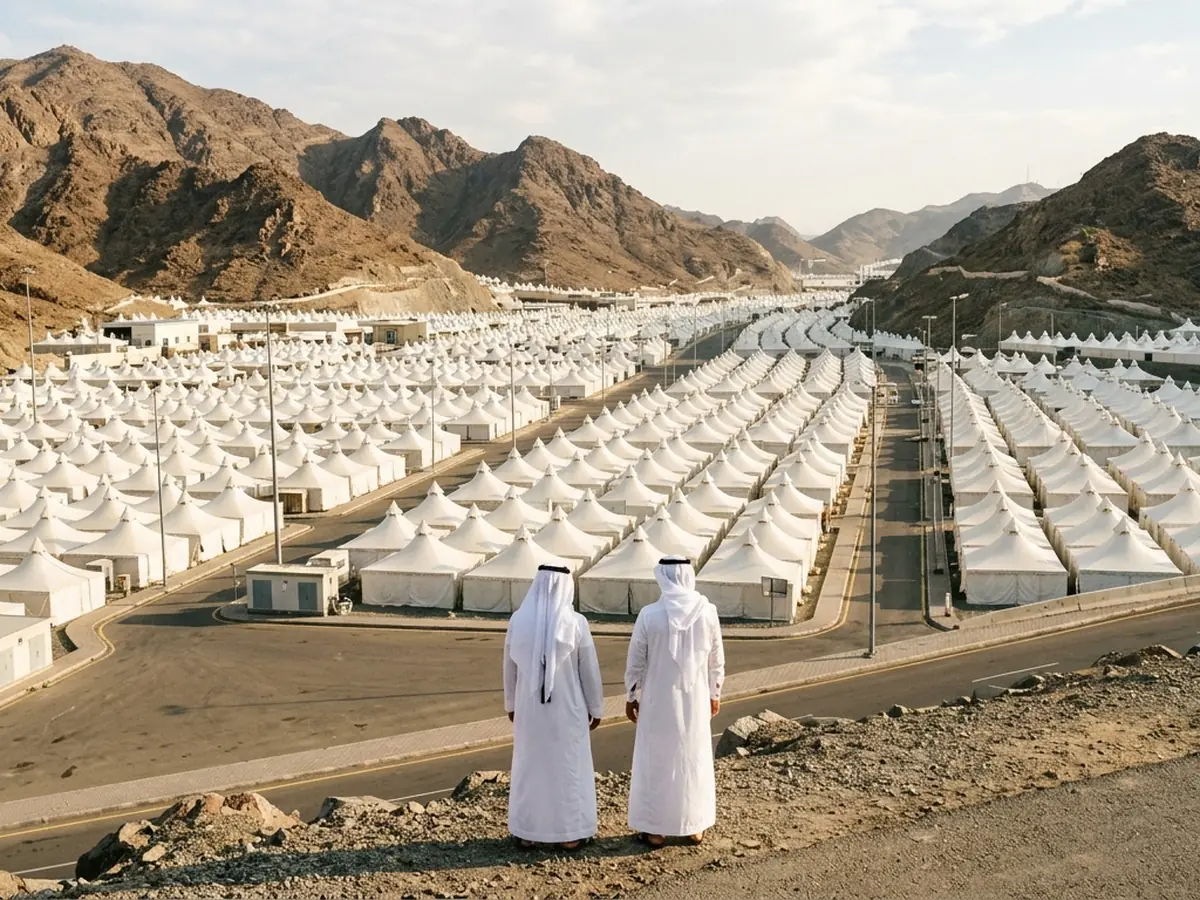 Illustration of the white tents of Mina filling the valley outside the Hajj season