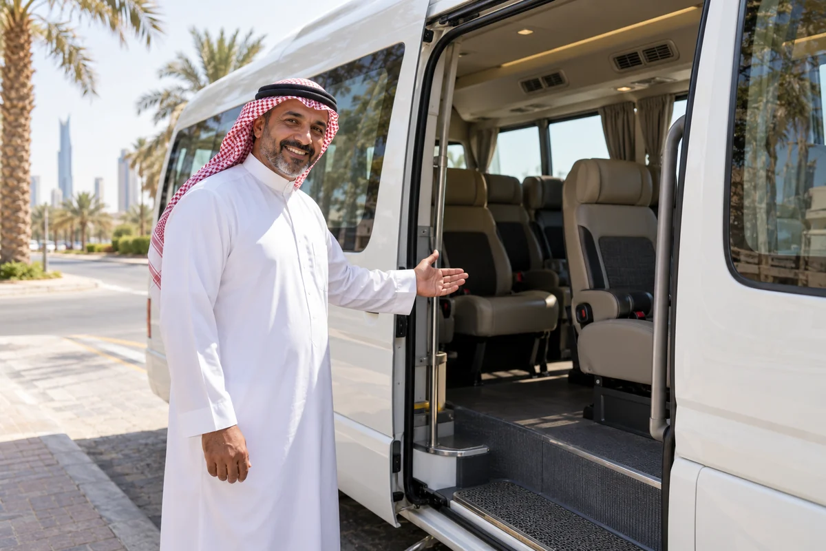 A driver welcoming passengers aboard a private air-conditioned minibus