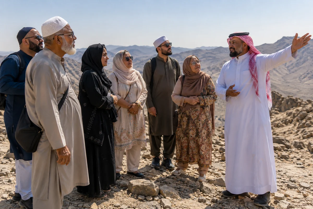 A guide explaining a site to a small group of pilgrims on rocky ground